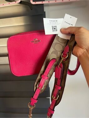 COACH Hot Pink Pebbled Leather Crossbody with Signature Canvas Strap